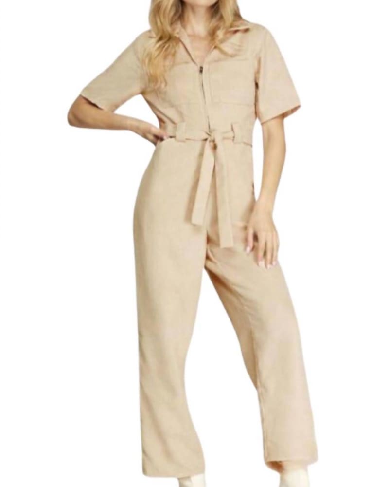 Front of a model wearing a size Large Corduroy Belted Jumpsuit In Ecru in Ecru by SHE + SKY. | dia_product_style_image_id:350772